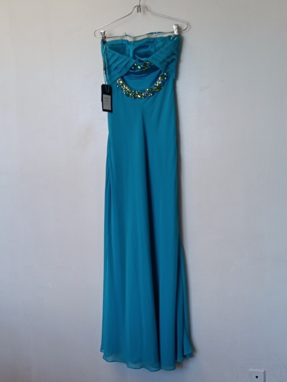 Strapless Aqua Evening Gown with Beaded Detail - Picture 2 of 13